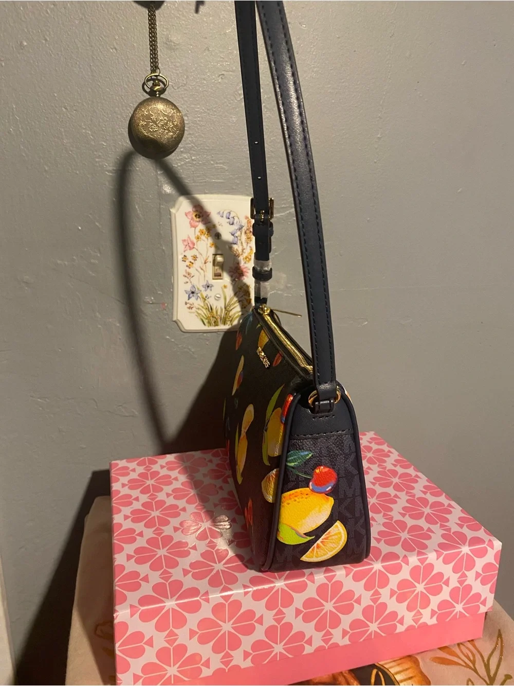 Michael Kors Navy Logo Canvas Citrus Lemon & Cherries purse with Gold Hardware
